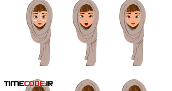 Woman face characters in a scarf with different facial expressions on white 