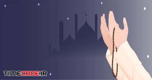 Illustration Of Muslim Praying Hands With Tasbih On Blue Silhouette Mosque Background 