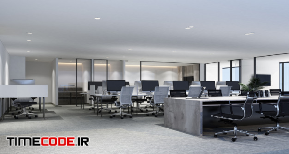 Working Area In Modern Office With Carpet Floor And Meeting Room. Interior 3d Rendering 