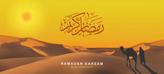 Happy Holiday Eid Mubarak Ramadan Kareem Calligraphy Written In Arabic . Illustration Of A Traveller Silhouette With His Camel In The Desert In Orange Tone 