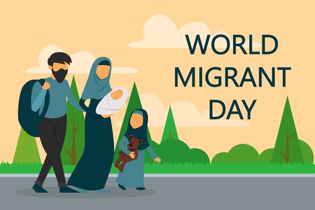 Refugee Family Walking On The Road. World Migrant Day. 