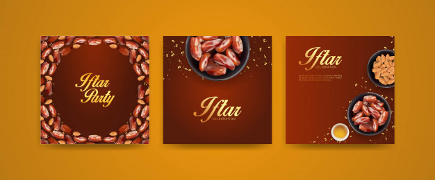 Iftar Sale Promotional Cards Set. Ramadan Kareem Special Offer Templates With Realistic Of Dates And Almond For Business, Shopping, Promotion And Advertising. 