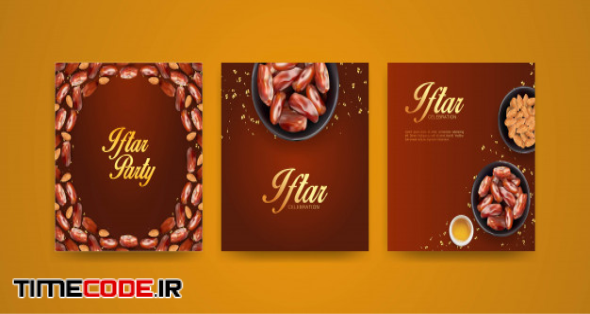 Iftar Sale Promotional Cards Set. Ramadan Kareem Special Offer Templates With Realistic Of Dates And Almond For Business, Shopping, Promotion And Advertising. 