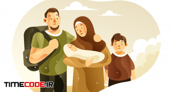The Refugee Family With Children Illustration 