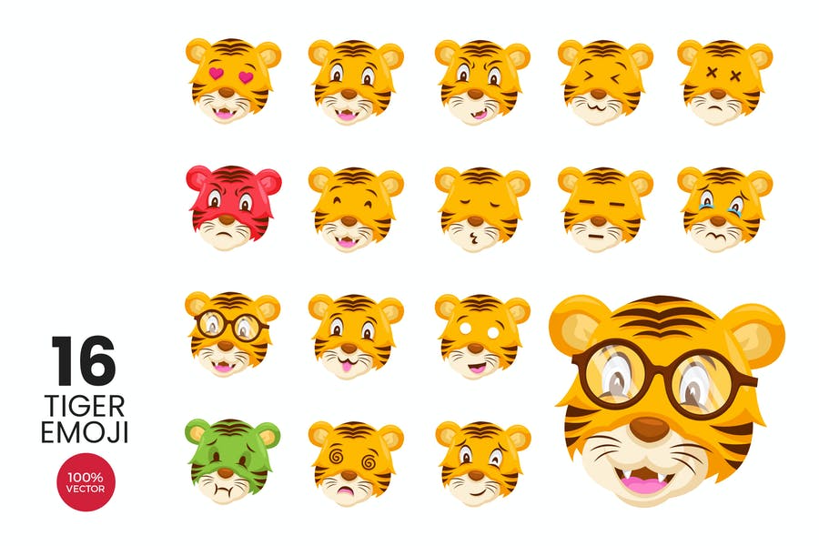 16 Cute Tiger Avatar Emoji Vector Character Set