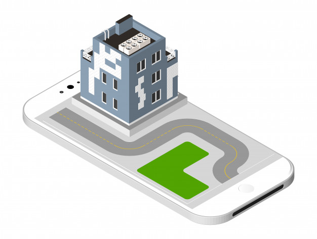 Modern House With A Road Standing On The Smartphone Screen. Urban Dwelling Building With A Windows And Air-conditioning. Vector Illustration Isolated 