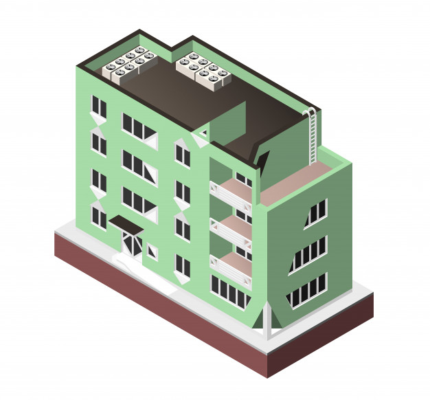 Vector Illustration Isolated. Modern House. Urban Dwelling Building With A Windows And Air-conditioning 