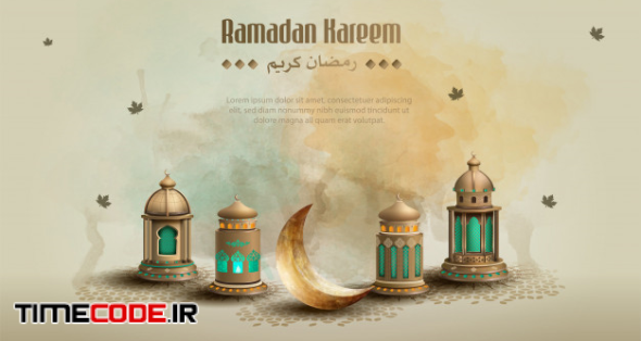 Islamic Greeting Ramadan Kareem Card Design Background With Beautiful Lanterns And Crescent Moon 