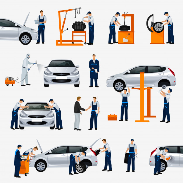 Icons Car Repair Service, Different Workers In The Process Of Repairing The Car, Tire Service, Diagnostics, Vehicle Painting, Window Replacement Spare Parts. Illustration 