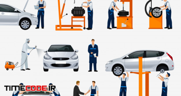 Icons Car Repair Service, Different Workers In The Process Of Repairing The Car, Tire Service, Diagnostics, Vehicle Painting, Window Replacement Spare Parts. Illustration 
