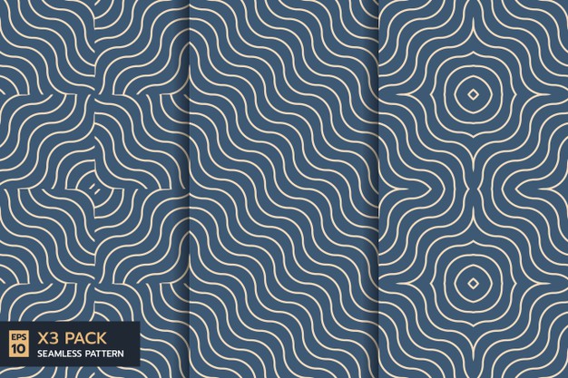 Set Of Abstract Wave Line Seamless Pattern On Indigo Background 