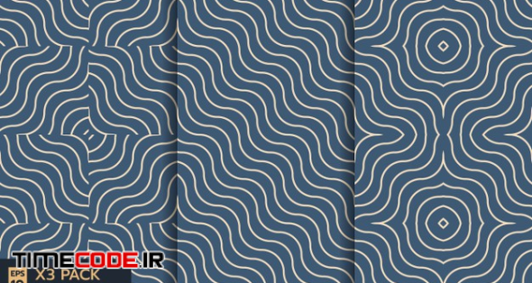 Set Of Abstract Wave Line Seamless Pattern On Indigo Background 