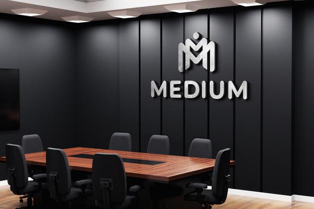 Office Logo Mockup On Black Wall In Meeting Room 