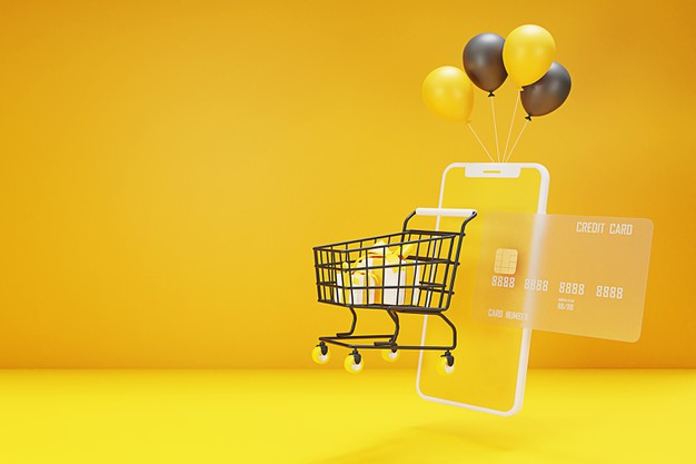 D Shopping Online Concept With Shopping Cart,bag,balloon,credit Card And Mobile Phone. 3d Rendering. 