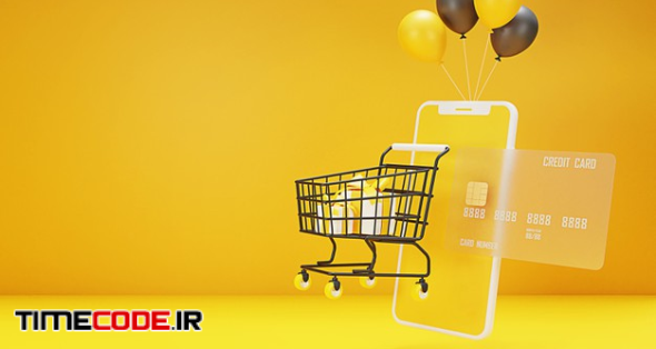 D Shopping Online Concept With Shopping Cart,bag,balloon,credit Card And Mobile Phone. 3d Rendering. 