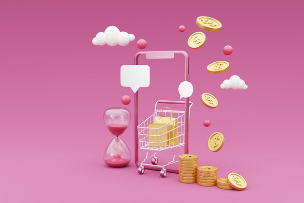 3d Shopping Online Concept With Shopping Cart,money And Mobile Phone. 3d Rendering. 