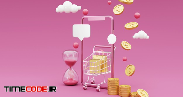 3d Shopping Online Concept With Shopping Cart,money And Mobile Phone. 3d Rendering. 