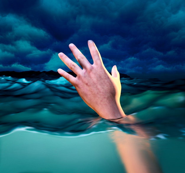 Drowning Victims, Hand Of Drowning Man Needing Help. 3d Illustration 