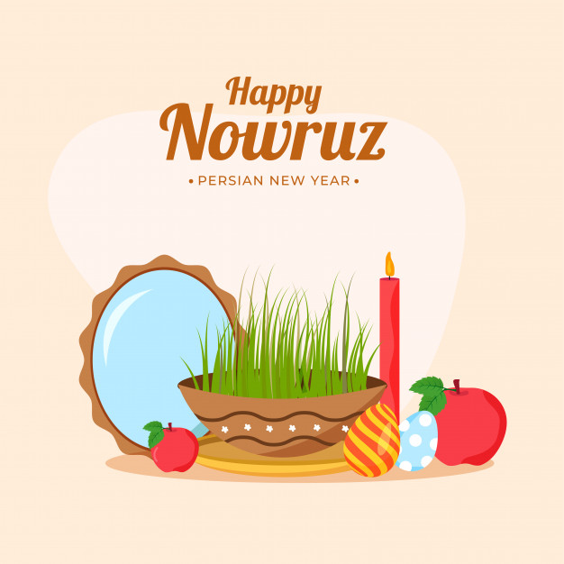 Illustration Of Semeni (grass) With Oval Mirror, Eggs, Apples And Illuminated Candle On Pastel Peach Background For Happy Nowruz, Persian New Year Celebration. 