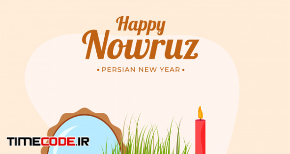Illustration Of Semeni (grass) With Oval Mirror, Eggs, Apples And Illuminated Candle On Pastel Peach Background For Happy Nowruz, Persian New Year Celebration. 